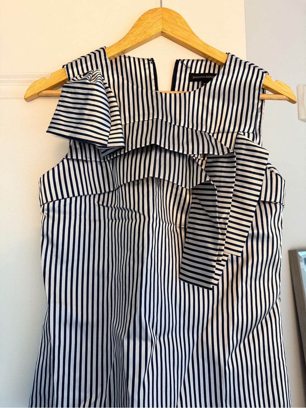 Banana Republic Woman’s Navy and White Striped Ruffle Bow top